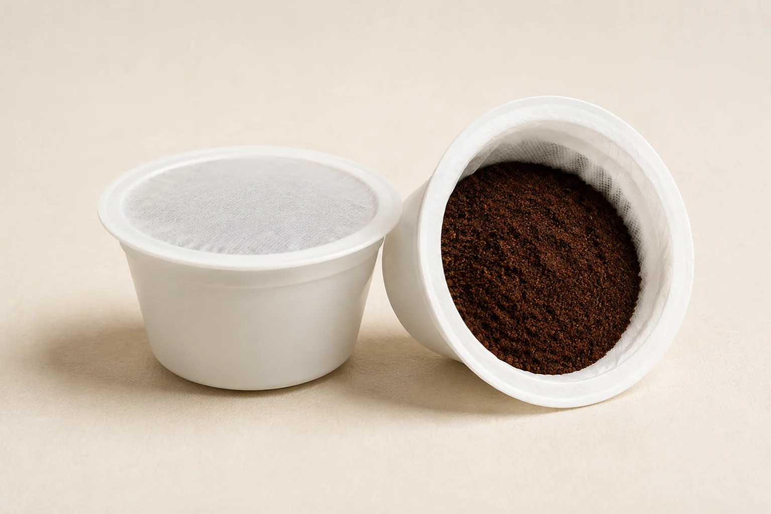 White coffee capsule filled with ground coffee