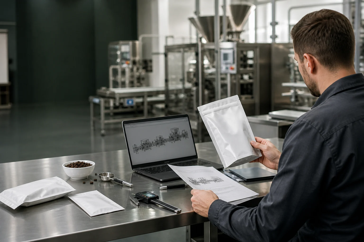 Application engineer reviewing a coffee pouch and packaging line plan
