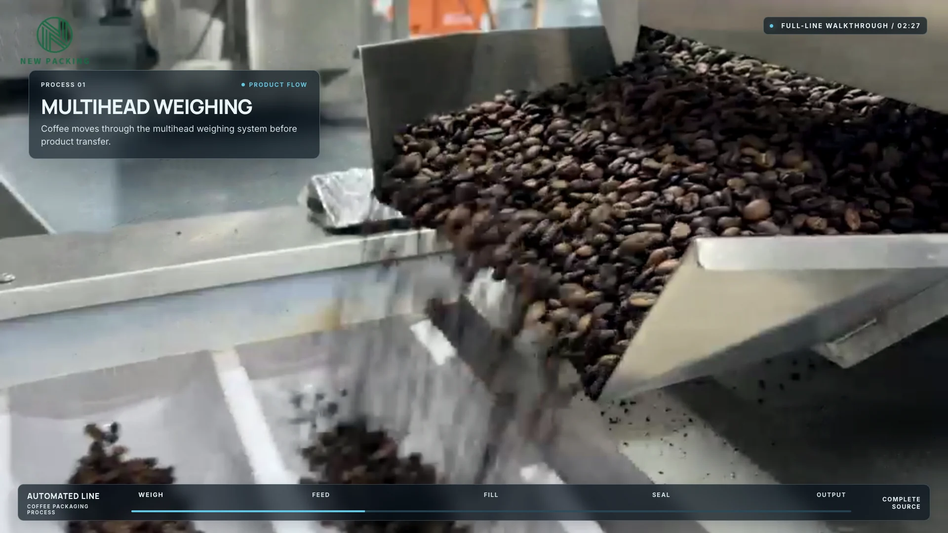 Coffee beans moving through weighing equipment during a machine run