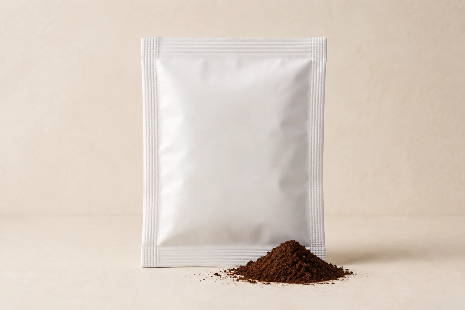 White coffee sachet with ground coffee powder