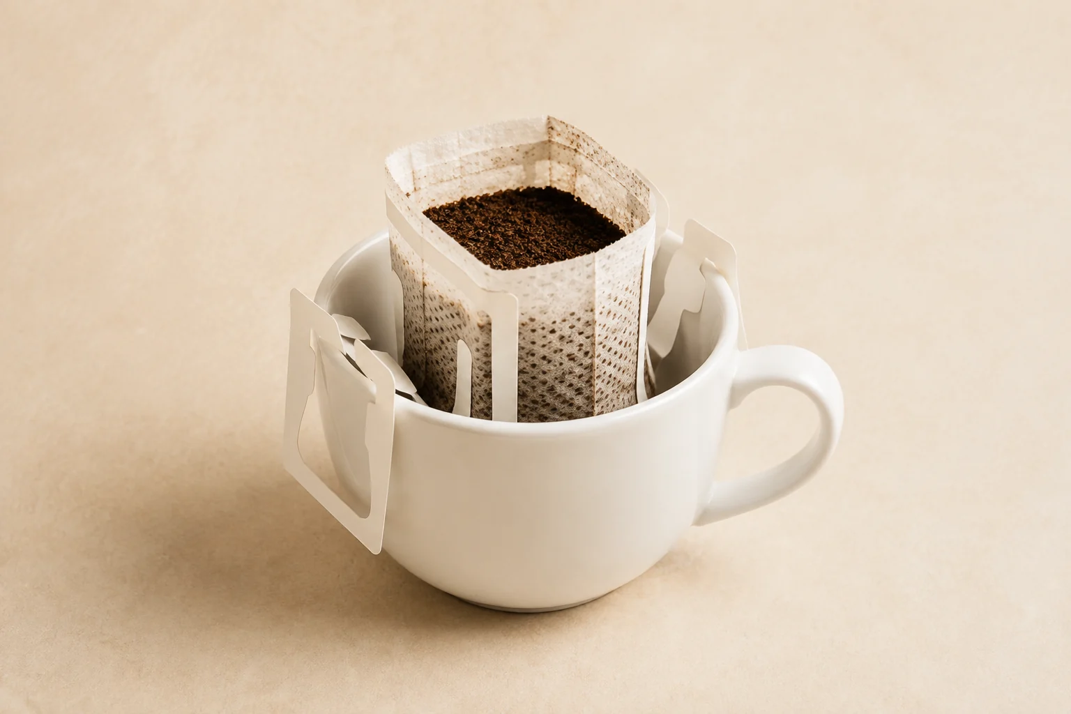 Drip coffee bag packaging over a white cup